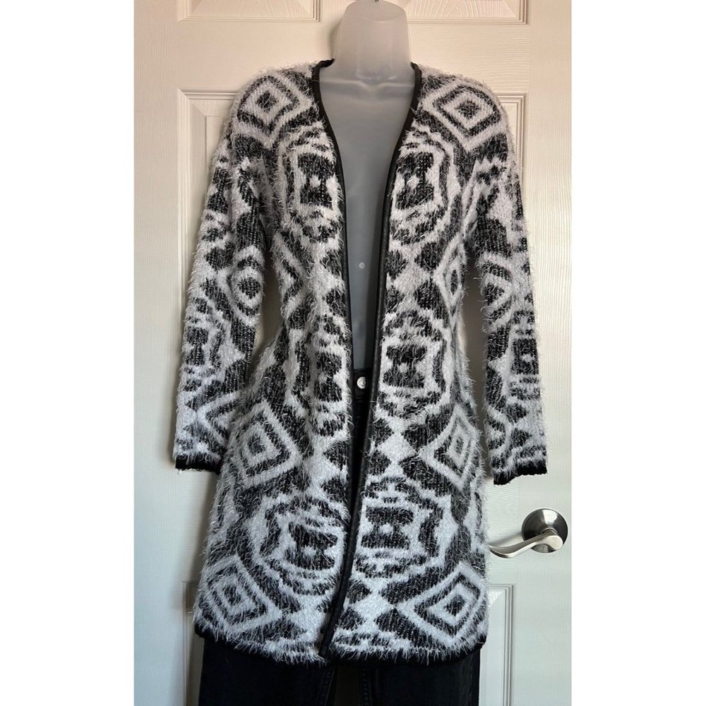 Aztec Geometric Soft Cardigan Duster Long Sweater Black and white cardigan